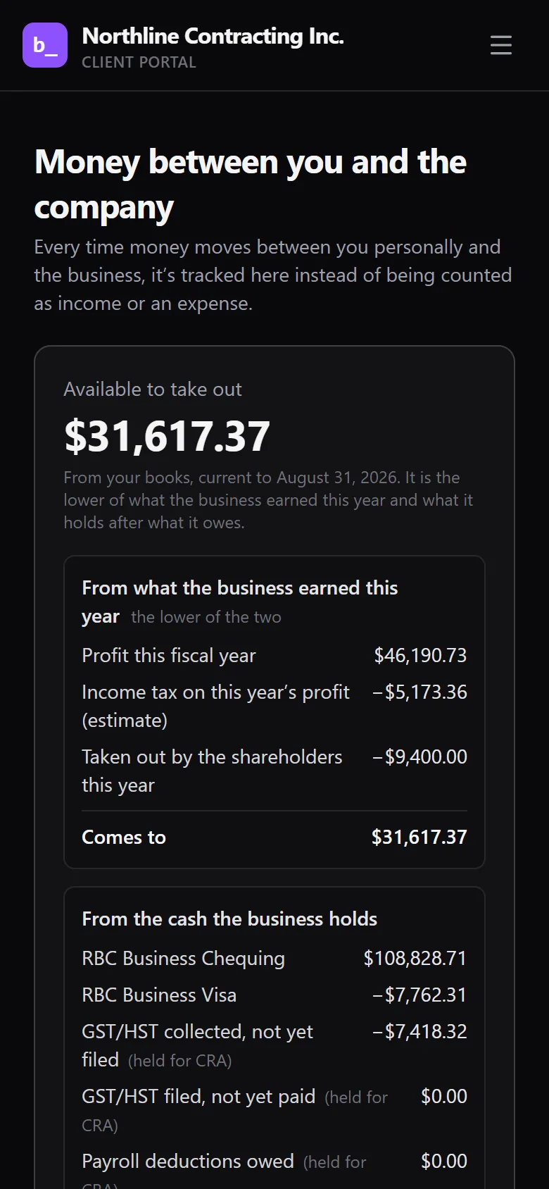 Northline Contracting’s Available to take out card showing a calculated amount from its fictional books.
