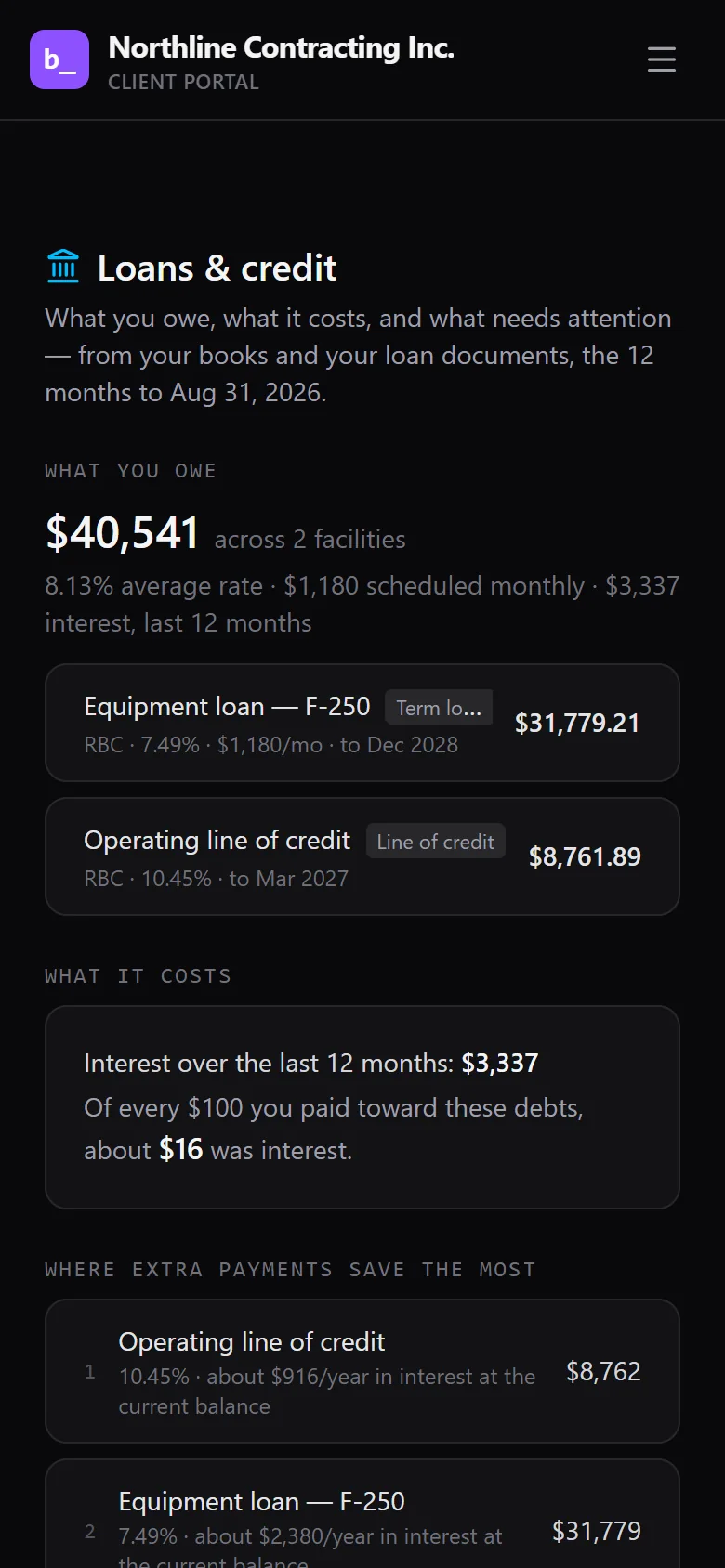 Northline Contracting’s Loans and credit portal screen showing its fictional equipment loan and credit facilities.