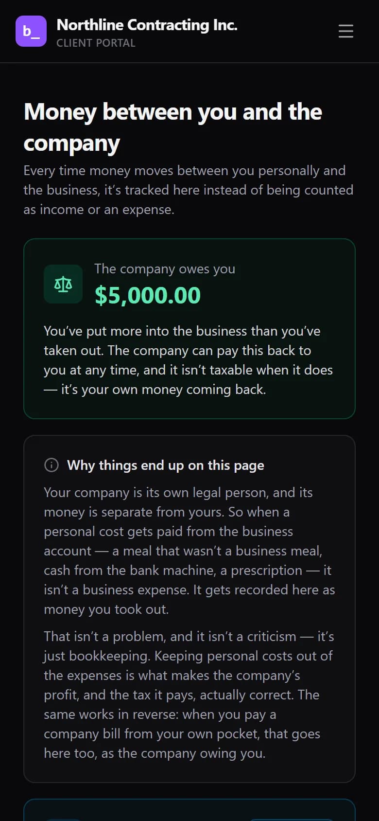 Northline Contracting’s owner portal screen, showing money between the fictional owner and the company.